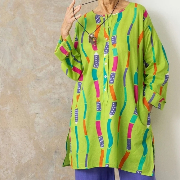 Gudrun Sjoden Vast Woven Tunic Top Long Sleeve Pockets XL Green Cotton Lagenlook - Picture 15 of 16